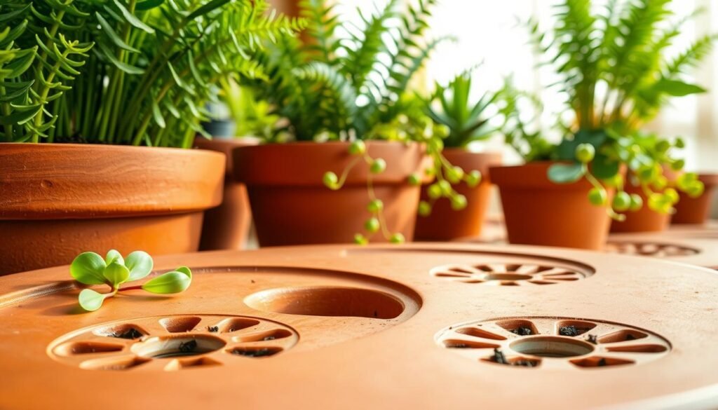 A close-up view of several flower pots displaying drainage holes at the bottom. The pots are terracotta with a rich, matte finish, showcasing healthy green indoor plants like ferns and succulents thriving inside them. The foreground focuses on the intricate details of the drainage holes, highlighting small rivulets of water pooling below, with tiny soil clumps visible. The middle ground contains vibrant foliage creating a lush environment, while the background is softly blurred, featuring a warmly lit indoor space, with soft sunlight filtering through sheer curtains. The overall mood is serene and nurturing, emphasizing the importance of proper drainage for plant health. The image is bright and inviting, showcasing the beauty of indoor gardening.