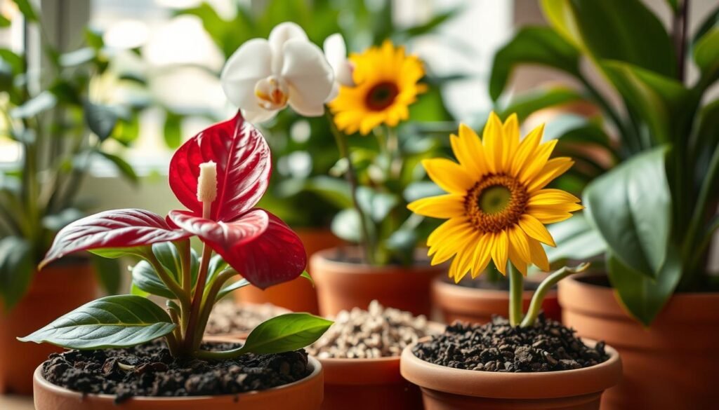 A close-up view of various indoor flowering plants showcasing their unique soil mixes, arranged artistically in terracotta pots. In the foreground, a vibrant red anthurium with glossy leaves and a rich, dark potting mix; beside it, a delicate phalaenopsis orchid, its roots visible in a light, airy orchid mix. The middle ground features a cheerful sunflower plant with bright yellow petals, surrounded by a textured, nutrient-rich blend suited for sun-loving varieties. In the background, soft-focus greenery creates a cozy atmosphere, bathed in warm, natural light from a nearby window, emphasizing a calm and inviting indoor space. Use a shallow depth of field to enhance the details of the soil textures and plant varieties, evoking a sense of tranquility and organized beauty.