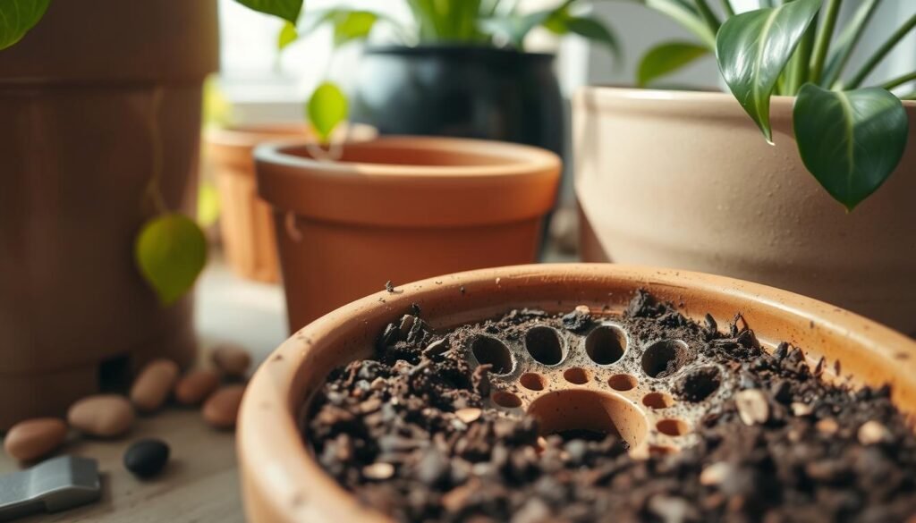 A close-up view of various types of drainage holes in flower pots, showcasing intricate designs and textures. In the foreground, focus on a terracotta pot with a clean, circular drainage hole, surrounded by rich, dark soil and small pebbles. In the middle ground, include pots made of ceramic and plastic, each with different sizes and shapes of drainage holes. The background features soft, diffused natural sunlight illuminating the scene, enhancing the earthy tones of the pots and soil. Delicate green leaves of indoor plants hint at growth and health, creating a serene atmosphere. The overall mood conveys a sense of care and attention to plant maintenance, emphasizing the importance of proper drainage to prevent waterlogging and pests.