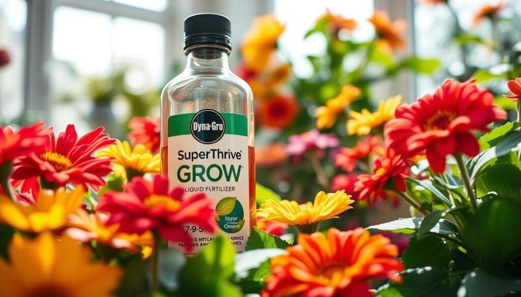 A close-up view of vibrant indoor flowers being nourished by a glass bottle of Dyna-Gro SuperThrive Grow (7-9-5) liquid fertilizer. In the foreground, the flowers are vivid, showcasing bright colors like reds, yellows, and purples, with lush green leaves surrounding them. In the middle, a clear glass bottle with a sleek label is positioned elegantly, catching the light and highlighting its contents. The background features a softly blurred indoor garden setting, with natural light streaming in through a window, creating a warm, inviting atmosphere. The photo should be taken with a macro lens to capture the intricate details of the petals and drops of the nutrient solution glistening. The overall mood is bright, fresh, and encouraging growth, perfect for an article on indoor gardening.