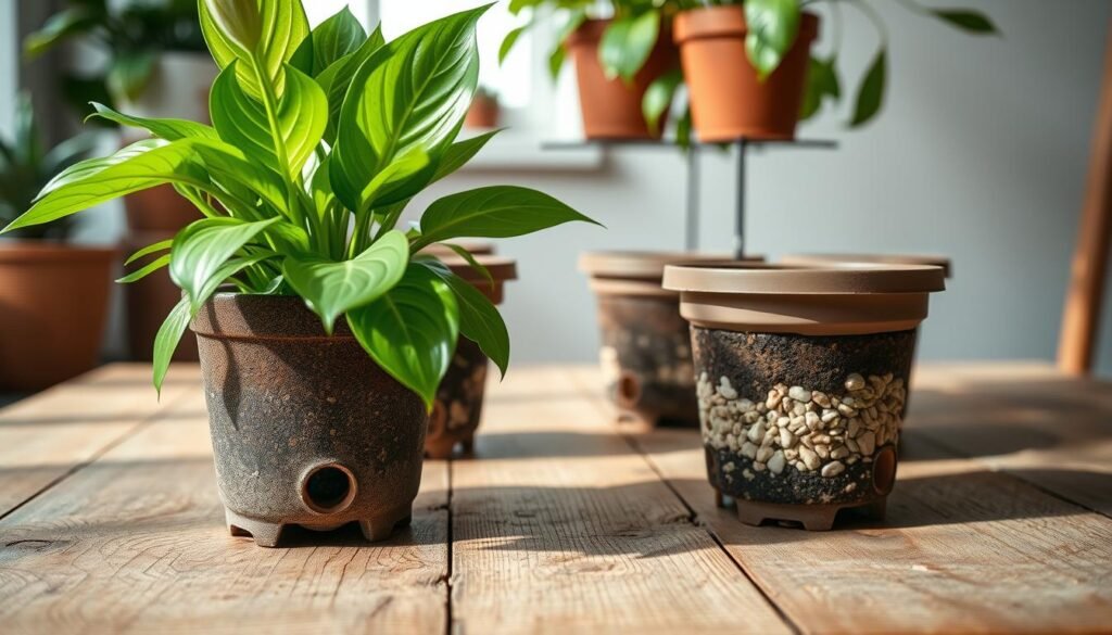 A close-up view of well-watered flower pots showcasing efficient drainage holes at the bottom, structured on a rustic wooden table. In the foreground, the pots are filled with lush, vibrant indoor flowers like peace lilies and pothos, their green leaves contrasting beautifully with the earthy potting soil. The middle ground features additional pots with visible drainage systems, revealing small pebbles and soil layering, highlighting proper pot setup. In the background, soft natural light filters through a nearby window, casting gentle shadows that create a serene atmosphere. The image captures the essence of an organized indoor gardening space, inviting and protective, emphasizing the significance of drainage in plant care.