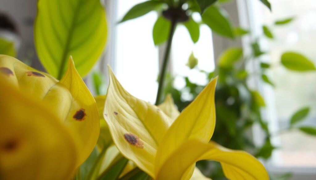 A close-up view of yellowing leaves from a flowering houseplant, capturing the intricate details of the leaves' texture, with spots of brown and signs of droopiness. In the foreground, the yellowing leaves stand out, displaying their crisp edges and fading vibrancy. The middle background features lush green foliage, contrasting the yellowing leaves and hinting at a healthy plant nearby. Soft, diffused natural light filters through a nearby window, illuminating the scene and casting gentle shadows, creating an inviting atmosphere. The angle is slightly tilted, giving depth to the composition while focusing on the concern of overwatering. The overall mood conveys a sense of careful observation and awareness, urging the viewer to notice the signs of plant distress without any distractions.