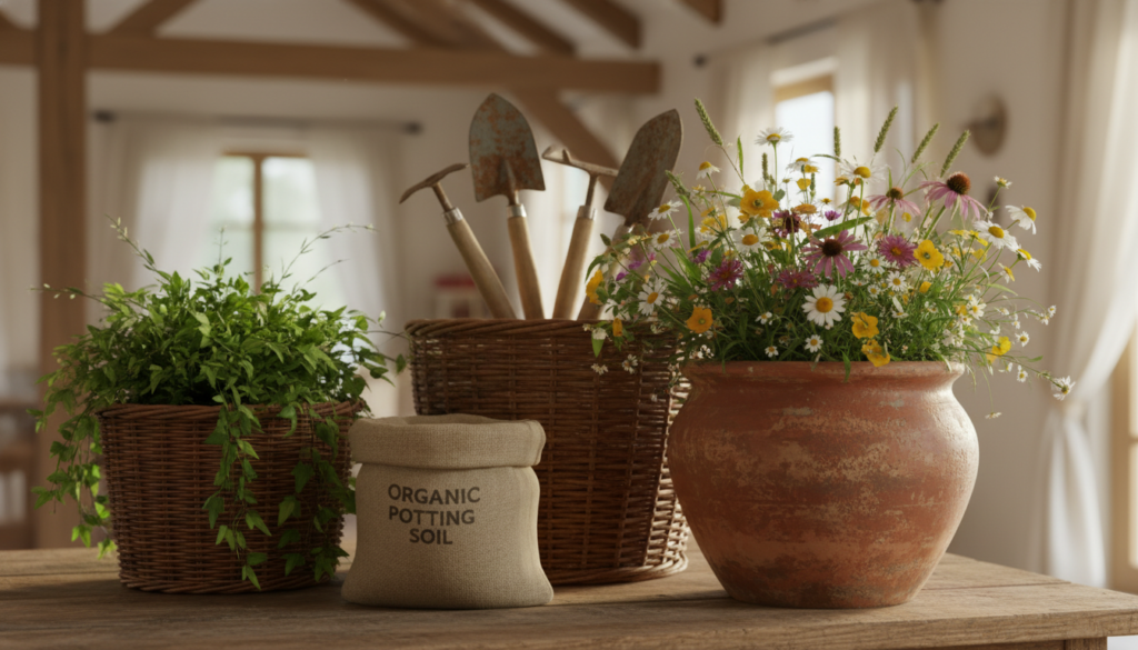 A collection of rustic planter pots in various shapes and sizes, made from natural materials like terracotta and woven wicker, arranged on a wooden table. The foreground features a large, textured terracotta pot with blooming wildflowers, while a smaller wicker planter showcases lush greenery. In the middle layer, vintage gardening tools and a burlap sack of potting soil add to the cozy atmosphere. The background is softly blurred, revealing a warmly lit, inviting indoor setting with exposed wooden beams and soft fabric drapes. The lighting is soft and warm, reminiscent of a late afternoon sun filtering through the window. The overall mood is tranquil and inviting, perfect for a cozy home environment.