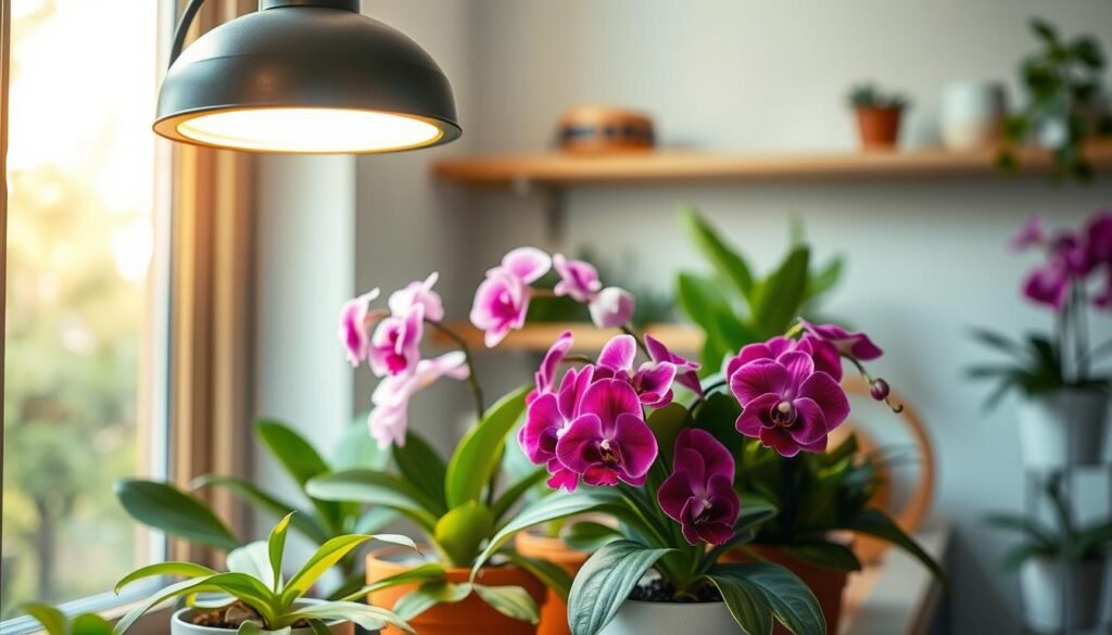 A cozy indoor environment showcasing a well-lit scene of vibrant flowering houseplants like orchids and African violets nestled on a windowsill. The foreground features a brilliant light fixture designed for plant growth, casting a soft, warm glow that accentuates the petals and leaves. In the middle ground, various potted plants thrive under this light, their flowers in full bloom, showcasing rich colors of pink, purple, and white. The background reveals a softly blurred interior with natural textures, like wooden shelves and gentle greenery, to create a nurturing atmosphere. A warm and inviting ambiance fills the space, enhancing the motif of plant vitality and growth. The overall composition should convey a sense of flourishing health and the importance of light in caring for indoor flowers.