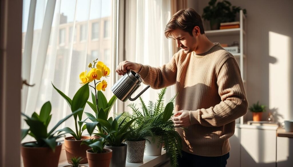 A cozy indoor scene showcasing a person watering houseplants during winter. In the foreground, a focused figure dressed in a warm, casual sweater is gently pouring water from a stylish watering can over a cluster of vibrant indoor flowers, including a cheerful yellow orchid and deep green ferns. The middle ground features a variety of potted plants placed on a windowsill that bathes in soft, natural light filtering through sheer curtains, casting delicate shadows. In the background, a small urban apartment with hints of modern decor, like books and a coffee mug, enhances the atmosphere. The lighting captures the essence of a tranquil winter day, evoking warmth and nurturing care as the person maintains their plants, illustrating the importance of mindful watering in winter.