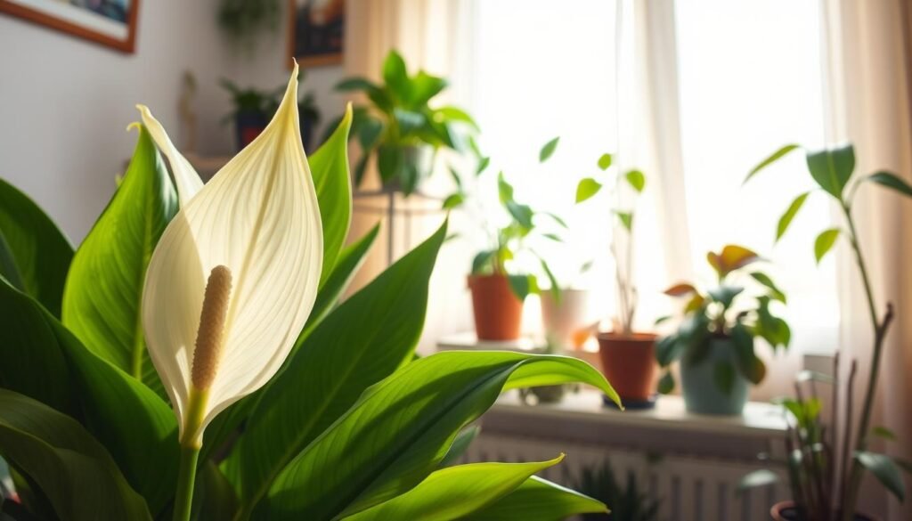 A cozy indoor setting featuring a variety of beautiful houseplants exhibiting signs of wilting, like drooping leaves and faded colors. In the foreground, a close-up view of a wilted peace lily, its soft white blooms contrasting with green, unhealthy leaves. In the middle ground, a shelf filled with other diverse plants like a snake plant and pothos, all lacking vigor. The background captures a softly lit window with sheer curtains, allowing gentle sunlight to stream in, creating a warm atmosphere. The scene should embody a sense of quiet concern while highlighting the delicate balance of care required for indoor flowers. Use a shallow depth of field to emphasize the wilting plants, with natural lighting to enhance the colors and textures. A cozy indoor setting featuring a variety of beautiful houseplants exhibiting signs of wilting, like drooping leaves and faded colors. In the foreground, a close-up view of a wilted peace lily, its soft white blooms contrasting with green, unhealthy leaves. In the middle ground, a shelf filled with other diverse plants like a snake plant and pothos, all lacking vigor. The background captures a softly lit window with sheer curtains, allowing gentle sunlight to stream in, creating a warm atmosphere. The scene should embody a sense of quiet concern while highlighting the delicate balance of care required for indoor flowers. Use a shallow depth of field to emphasize the wilting plants, with natural lighting to enhance the colors and textures.