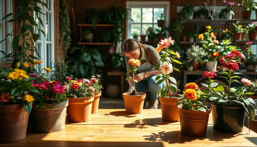 A cozy indoor setting filled with lush, flowering plants ready for repotting. In the foreground, a wooden table displays various vibrant pots in different sizes and colorful blooms, highlighting the timing and preparation for repotting. A soft, natural light filters through a nearby window, creating warm, inviting shadows. In the middle ground, a focused gardener kneels beside a plant, wearing modest casual clothing, gently loosening soil around the roots of a blooming flower. In the background, shelves lined with additional potted plants and gardening tools add depth to the scene. The atmosphere is tranquil and nurturing, fostering a sense of care for the plants and the joy of indoor gardening.