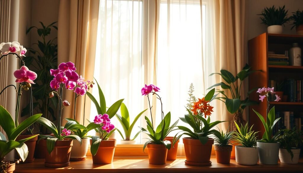 A cozy indoor setting filled with various flowering houseplants basking in warm, natural light filtering through a window. In the foreground, vibrant pots of orchids and succulents rest on a wooden windowsill, showcasing their vivid colors and lush greenery. The middle ground features a sun-drenched room with sheer curtains that diffuse the light softly, creating an inviting ambiance. Delicate patterns of light and shadow dance on the walls, enhancing the serene atmosphere. In the background, a stylish bookshelf adds depth, with a few botanical books visible. Capture this scene with a bright, airy lens and a slight angle that emphasizes the warmth and comfort of winter indoor gardening. Aim for a peaceful, uplifting mood that highlights the importance of light in plant care.