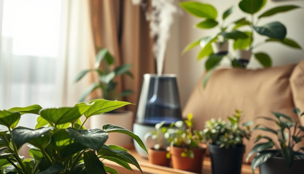 A cozy indoor setting highlighting the concept of humidity and its importance for plant care. In the foreground, a lush green potted plant with dewdrops on its leaves, indicating moisture. In the middle, a stylish humidifier emitting a soft mist, surrounded by various smaller plants thriving in the humidity. The background features a window with sheer curtains, allowing soft, diffused sunlight to filter in, creating a warm and inviting atmosphere. The color palette is rich with greens and subtle earth tones, evoking a sense of freshness. The lighting is soft and warm, enhancing the serene and nurturing vibe of the space. The composition should capture the delicate balance of humidity in an apartment, focusing on the well-being of the plants.