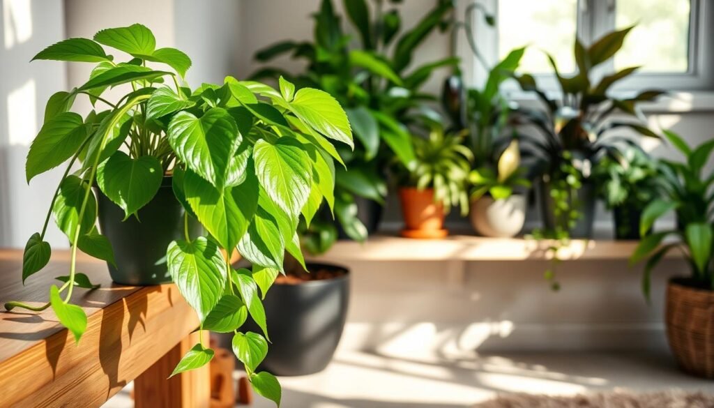 A cozy indoor setting showcasing thriving potted plants in different stages of growth, emphasizing the concept of humidity. In the foreground, a lush pothos plant drapes gracefully over the edge of a wooden table, with radiant green leaves glistening as if slightly dewy. The middle section features a variety of other houseplants, like ferns and peace lilies, arranged harmoniously on a light-colored shelf. Soft, diffused sunlight filters through a nearby window, casting gentle shadows and creating a warm ambiance. In the background, hints of soft, earthy textures from a wall and a rug suggest a nurturing environment. The overall atmosphere is serene and inviting, with the humidity reflected in the moisture on the leaves, illustrating the importance of humidity for indoor plant health.
