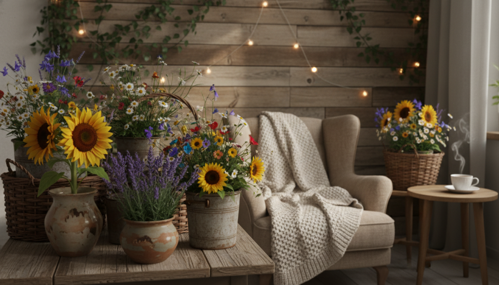 A cozy rustic indoor scene featuring an artistic display of flowers in charming planters. In the foreground, a distressed wooden table holds a variety of unique planters, such as ceramic pots with earthy tones, woven baskets, and vintage tin containers, each filled with vibrant blooms like sunflowers, lavender, and wildflowers. In the middle ground, a soft armchair draped with a chunky knit blanket complements the arrangement, while a small side table with a steaming cup of tea enhances the inviting atmosphere. The background showcases a wooden wall adorned with greenery and fairy lights, casting a warm, inviting glow. The lighting is soft and natural, reminiscent of late afternoon sunlight filtering through a window, creating a serene and homely mood. The angle is slightly above eye level to capture the layered textures and colors.