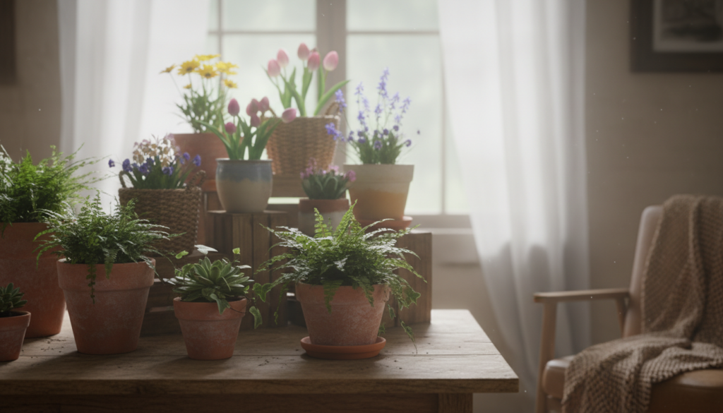 A cozy rustic indoor scene featuring creatively styled flower pots. In the foreground, artistic terracotta pots of varying sizes filled with vibrant green plants, such as ferns and succulents, creatively arranged on a distressed wooden table. The middle ground showcases a mix of ceramic and woven baskets holding colorful blooms, like daisies and tulips, arranged at different heights to create visual interest. The background features a softly lit window with sheer curtains, allowing natural light to filter in, illuminating the greenery while casting gentle shadows. The overall mood is warm and inviting, evoking a sense of comfort and tranquility. The image should capture a close-up perspective with a shallow depth of field, focusing on the pots while softly blurring the background for a dreamy effect.