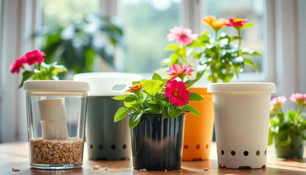 A creative indoor setting featuring various innovative workarounds for flower planters. In the foreground, display a variety of planter modifications, such as self-watering systems, drainage solutions like gravel at the bottom, and decorative covers. The middle ground can show healthy indoor flowers thriving in these unique planters, with lush green leaves and vibrant blooms. The background should include a softly illuminated window with natural light filtering in, highlighting the warmth and freshness of the scene. Use a shallow depth of field to create a slight blur around the edges, drawing attention to the planters. The atmosphere should be serene and encouraging, inspiring indoor gardening creativity and practicality.