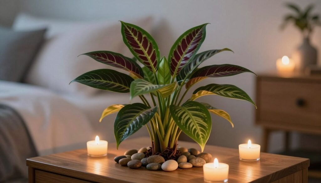 A lush prayer plant with vivid green leaves showcasing intricate patterns of deep burgundy and light green veins, placed elegantly on a wooden bedside table. The foreground includes softly glowing candlelights that cast warm reflections on the plant's glossy surface. In the middle, the prayer plant spreads its leaves open, hinting at its unique nighttime movement, while small pebbles surround the base to enhance the natural aesthetic. The background features a softly blurred bedroom scene with gentle, ambient lighting, creating a calming atmosphere. The scene captures the serenity of a bedroom, emphasizing the connection between the prayer plant and its role in enhancing nighttime tranquility. Use a shallow depth of field to focus on the plant, highlighting its captivating textures and colors in a peaceful setting.