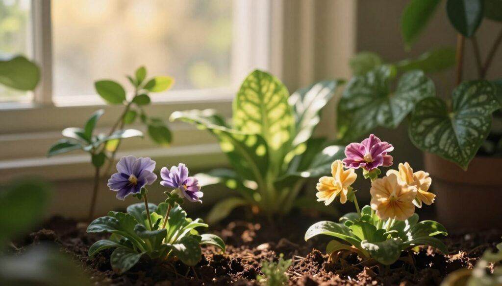 A mesmerizing scene capturing the essence of light illuminating an indoor plant setting. In the foreground, delicate, colorful flowers with vivid petals bask in soft, filtered sunlight, their shadows dancing lightly across the rich, dark soil. In the middle ground, a variety of green leaves shimmer as the sunlight diffuses through them, displaying intricate textures and patterns. The background features a softly blurred window with sheer curtains, allowing warm, golden rays to stream in, creating a serene atmosphere. The overall mood is peaceful and inviting, evoking a sense of calmness and introspection. The lighting is warm and soft, giving a dreamy quality, as if time has paused in this tranquil botanical haven.