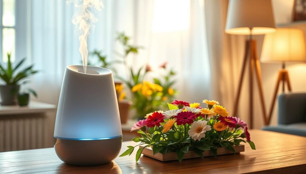 A modern, sleek humidifier situated in a cozy indoor setting, designed to enhance the environment for indoor flowers. In the foreground, a stylish humidifier emits a gentle mist, highlighting its elegant design with rounded edges and soft lighting. The middle ground features a variety of vibrant indoor flowers, delicately placed on a wooden table, catching the soft glow from a nearby lamp. In the background, a sunlit window showcases sheer curtains, allowing natural light to filter through, creating a warm and inviting atmosphere. The overall mood is tranquil and nurturing, perfect for plant growth. Utilize soft, ambient lighting to emphasize the humidifier’s mist and the vivid colors of the flowers, ensuring a serene yet vibrant aesthetic.