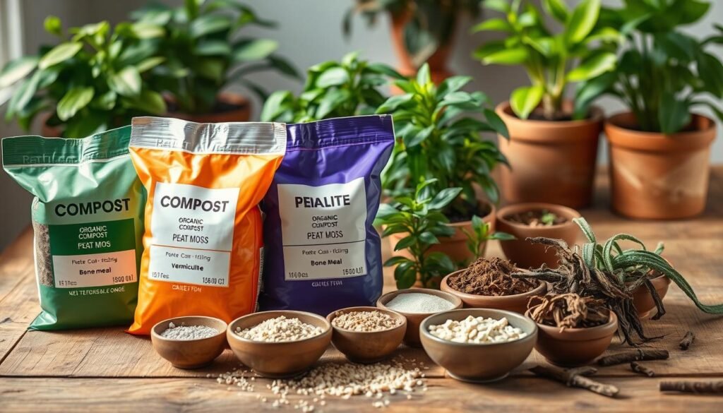 A picturesque display of essential ingredients for upgrading potting mixes, arranged artfully on a rustic wooden table. In the foreground, vibrant bags of organic compost, perlite, and peat moss are neatly labeled and open, revealing their textured contents. Next to them, small bowls filled with vermiculite, bone meal, and dried seaweed are artistically scattered, showcasing their natural colors and textures. In the background, a soft-focus of green houseplants in various pots adds a calming, natural ambiance. Soft, warm lighting bathes the scene, enhancing the earthy tones while casting gentle shadows. The mood is nurturing and inviting, capturing the essence of gardening and the promise of vibrant blooms. Shot from a slightly elevated angle to encompass the entire arrangement harmoniously. A picturesque display of essential ingredients for upgrading potting mixes, arranged artfully on a rustic wooden table. In the foreground, vibrant bags of organic compost, perlite, and peat moss are neatly labeled and open, revealing their textured contents. Next to them, small bowls filled with vermiculite, bone meal, and dried seaweed are artistically scattered, showcasing their natural colors and textures. In the background, a soft-focus of green houseplants in various pots adds a calming, natural ambiance. Soft, warm lighting bathes the scene, enhancing the earthy tones while casting gentle shadows. The mood is nurturing and inviting, capturing the essence of gardening and the promise of vibrant blooms. Shot from a slightly elevated angle to encompass the entire arrangement harmoniously.