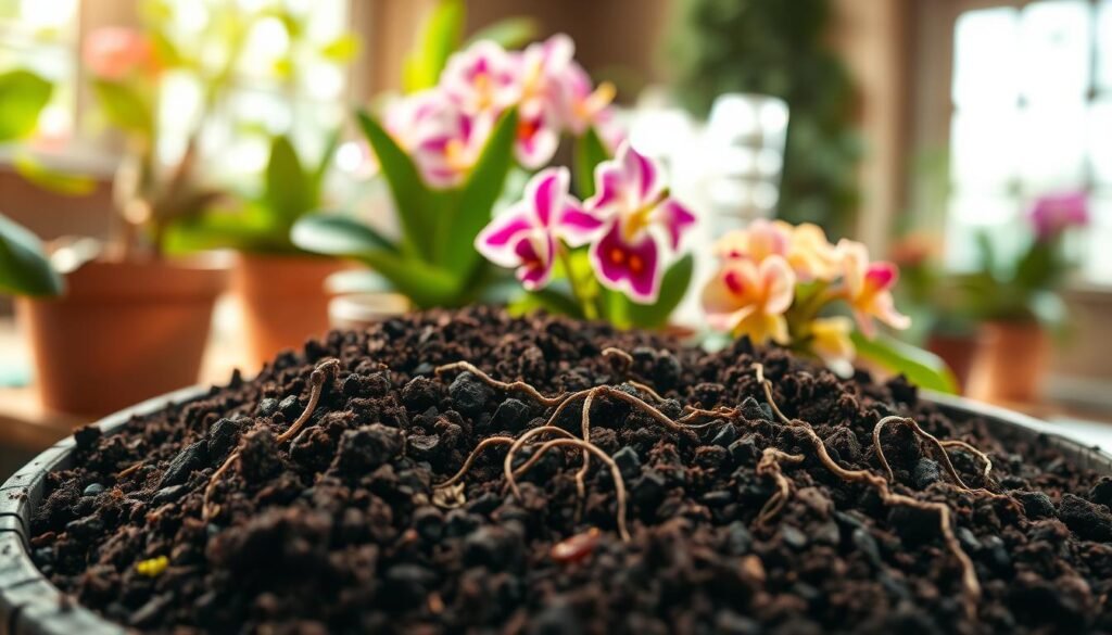 A rich, dark potting mix fills a rustic wooden pot, showcasing a blend of organic materials like peat moss, perlite, and compost. The foreground features glistening earth with small, healthy roots gently intertwined, emphasizing the nurturing aspect of soil. In the middle ground, a variety of vibrant flowering houseplants such as orchids and geraniums are positioned artistically, their colorful petals contrasting beautifully against the rich brown soil. In the background, softly blurred greenery and natural light streaming through a window create a serene indoor gardening atmosphere. The lighting is warm and inviting, enhancing textures and colors, with a shallow depth of field to keep the focus on the potting mix and plants. The overall mood conveys a sense of growth and vitality, perfect for nurturing indoor blooms. A rich, dark potting mix fills a rustic wooden pot, showcasing a blend of organic materials like peat moss, perlite, and compost. The foreground features glistening earth with small, healthy roots gently intertwined, emphasizing the nurturing aspect of soil. In the middle ground, a variety of vibrant flowering houseplants such as orchids and geraniums are positioned artistically, their colorful petals contrasting beautifully against the rich brown soil. In the background, softly blurred greenery and natural light streaming through a window create a serene indoor gardening atmosphere. The lighting is warm and inviting, enhancing textures and colors, with a shallow depth of field to keep the focus on the potting mix and plants. The overall mood conveys a sense of growth and vitality, perfect for nurturing indoor blooms.