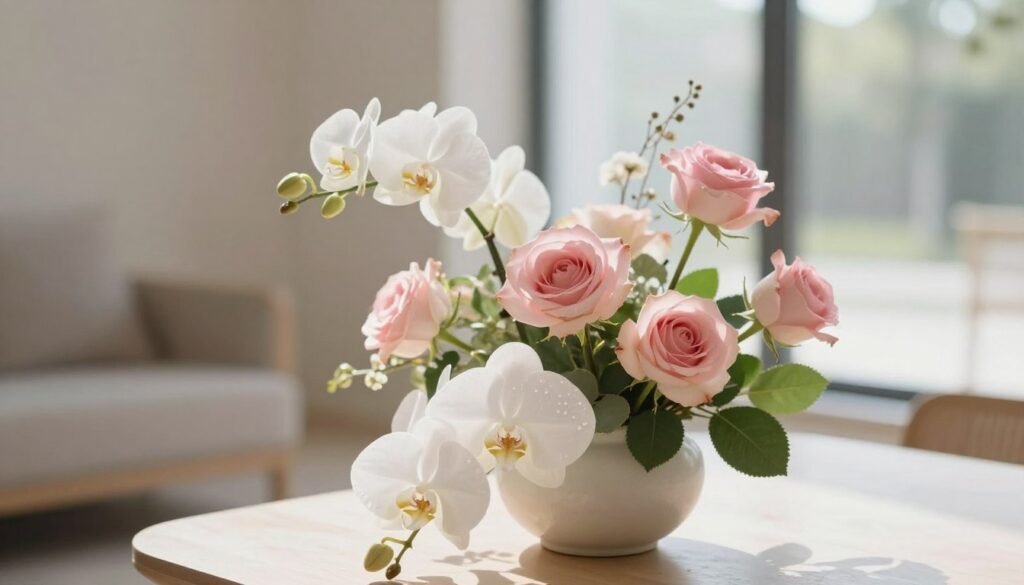 A serene and minimalist indoor flower arrangement featuring a delicate selection of pale-colored blooms like white orchids and soft pink roses, artfully placed in a simple ceramic vase. In the foreground, the focus is on a single elegant bloom, showcasing fine details like dewdrops on the petals. The middle layer displays a balanced composition of flowers, neatly arranged with green leaves for contrast, reflecting a harmonious design. The background includes a softly blurred indoor setting with natural light streaming through a large window, creating a warm and inviting atmosphere. The overall mood is tranquil and refined, evoking feelings of simplicity and elegance ideal for minimalist aesthetics. Soft shadows enhance the three-dimensional feel of the arrangement.