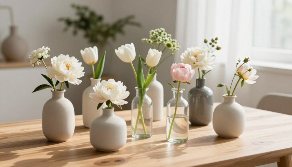 A serene arrangement of bud vases, featuring a variety of shapes and materials—ceramic, glass, and metal—gently nestled on a light, textured wooden table. Foreground elements include delicate white and pastel-colored flowers like peonies and tulips, carefully placed in each vase to create an aesthetic balance. In the middle background, soft greenery peeks out, enhancing the minimalist vibe. The background showcases a softly blurred indoor setting with natural light streaming through sheer curtains, casting gentle shadows and illuminating the vases. The atmosphere is tranquil and inviting, capturing the essence of modern minimalist design, with a slightly elevated angle for a comprehensive view that highlights the groupings harmoniously.