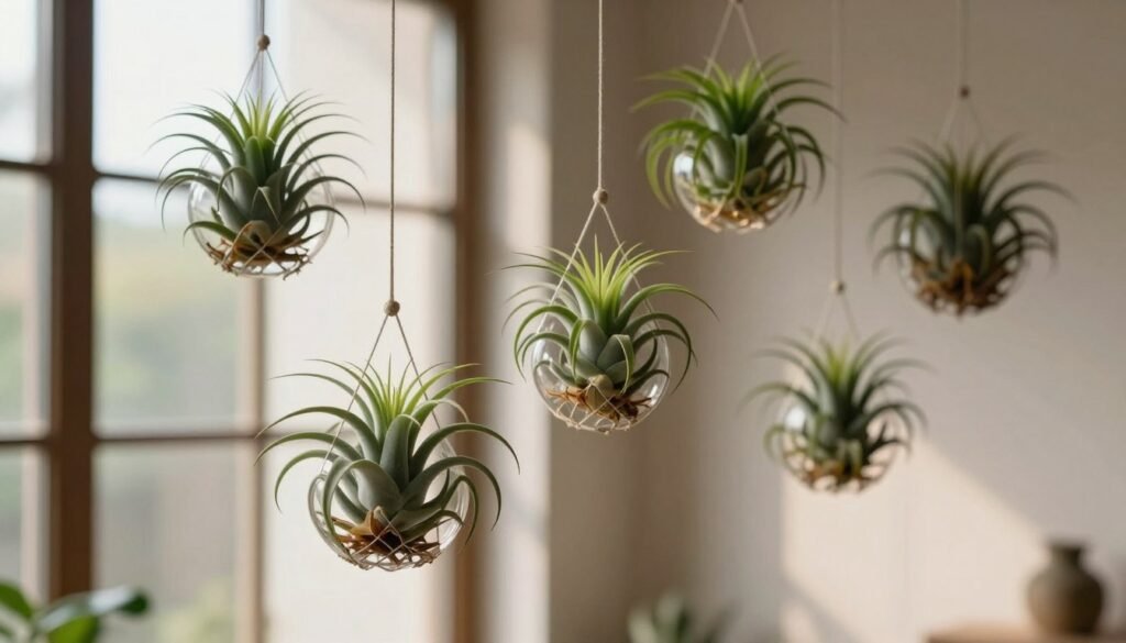 A serene composition of several air plants (Tillandsia) suspended in the air, showcasing their unique textures and vibrant green hues. In the foreground, the air plants are elegantly positioned in a minimalist hanging display, with elegant glass terrariums or netting. The middle ground features soft, blurred elements such as natural light filtering through a large window, casting delicate shadows. The background is a softly muted wall in a neutral tone, enhancing the minimalist vibe. The overall lighting is warm and natural, creating an inviting atmosphere. The image should convey a sense of tranquility and simplicity, perfect for a stylish indoor space.