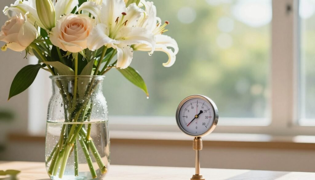A serene image illustrating the concept of water quality for flowers, featuring a clear glass vase filled with fresh flowers, such as roses and lilies, prominently in the foreground. The vase showcases pristine water with subtle reflections, emphasizing clarity and cleanliness. In the middle ground, a temperature gauge subtly indicates ideal water temperature, while droplets of condensation glisten on the vase, enhancing the freshness theme. In the background, soft-focus greenery and light-filtering through a window suggest a sunny indoor environment, contributing to a warm and inviting atmosphere. The lighting is bright yet diffused, creating a tranquil scene ideal for maintaining flowers. The overall mood encapsulates freshness and care in flower maintenance, highlighting the importance of water quality for longevity.