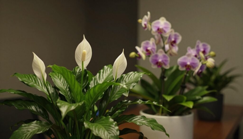 A serene indoor scene featuring a lush arrangement of peace lilies and elegant orchids. In the foreground, vibrant white peace lilies with their glossy green leaves are gracefully poised, their white blooms softly illuminated by gentle, diffused light. Interspersed among them are delicate purple and white orchids, showcasing intricate patterns on their petals. The middle ground reveals a sleek, modern pot that complements the natural beauty of the plants, set against a muted, dark backdrop that enhances the colors. The background fades into a soft blur, suggesting a cozy office corner with minimal distractions. The overall atmosphere is calm and inviting, perfect for a darker space, with soft, warm lighting creating an intimate and tranquil mood.