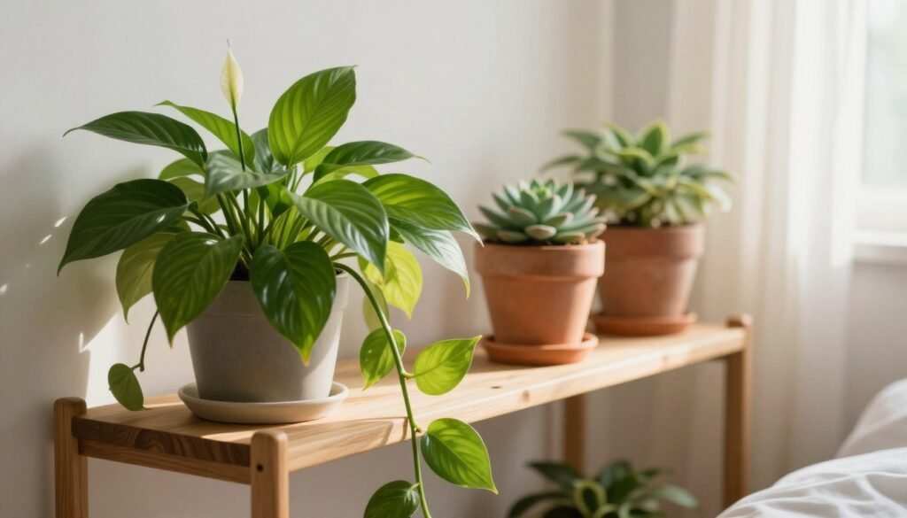 A serene indoor scene featuring a variety of healthy potted plants positioned on a stylish wooden shelf in a cozy bedroom. In the foreground, vibrant green foliage of peace lilies and pothos cascades gracefully over the edge of the shelves, while in the middle ground, a terracotta pot with a blooming succulent adds a touch of color. The background features soft, natural light streaming through sheer curtains, creating a warm and inviting atmosphere. Use a shallow depth of field to softly blur the shelf and focus on the plants for a dreamy effect. The overall mood is tranquil and refreshing, emphasizing essential care tips for maintaining indoor greenery in bedroom spaces.