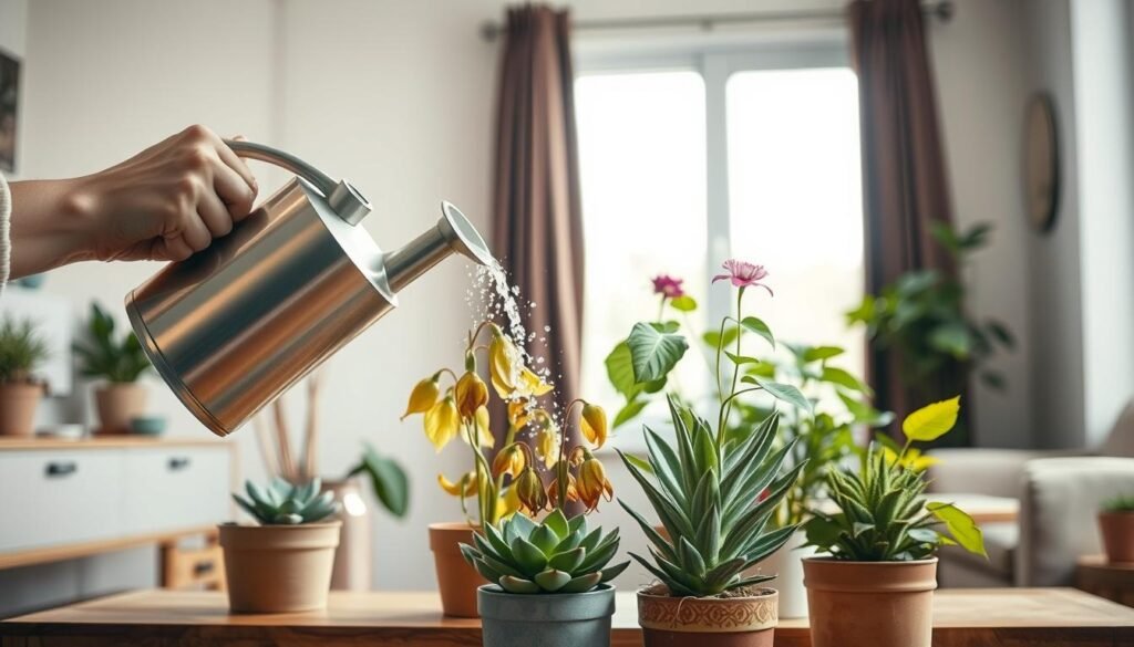A serene indoor scene focused on a stylish, well-lit room with various wilting indoor flowers in pots. In the foreground, a pair of hands gently watering the drooping plants using a sleek, modern watering can, demonstrating careful plant care. In the middle ground, several potted plants display signs of heat stress, such as yellowing leaves and wilting flowers, contrasting against a vibrant green succulent beside them. In the background, soft natural light streams through a nearby window, enhancing the atmosphere of tranquility. The color palette includes warm earth tones mixed with fresh greens, creating an inviting yet urgent mood of restoration and care. A serene indoor scene focused on a stylish, well-lit room with various wilting indoor flowers in pots. In the foreground, a pair of hands gently watering the drooping plants using a sleek, modern watering can, demonstrating careful plant care. In the middle ground, several potted plants display signs of heat stress, such as yellowing leaves and wilting flowers, contrasting against a vibrant green succulent beside them. In the background, soft natural light streams through a nearby window, enhancing the atmosphere of tranquility. The color palette includes warm earth tones mixed with fresh greens, creating an inviting yet urgent mood of restoration and care.