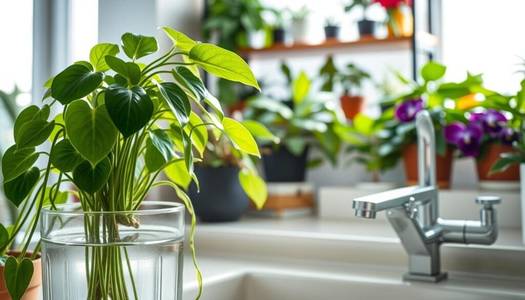 A serene indoor setting featuring a collection of houseplants being bottom-watered in various types of pots. In the foreground, a large, lush green Pothos plant is nestled in a ceramic pot, with its long vines gracefully draping down. A clear glass container filled with water is placed beside it, showcasing the bottom-watering process. In the middle ground, a cozy sink with a sleek faucet reflects soft natural light, illuminating the vibrant leaves of a Spider Plant and an African Violet. In the background, softly blurred shelves lined with more ornamental plants create a warm and inviting atmosphere. The lighting is bright yet soft, emphasizing the tranquility of indoor gardening. Capture the feeling of nurturing and caring for houseplants in this peaceful space. A serene indoor setting featuring a collection of houseplants being bottom-watered in various types of pots. In the foreground, a large, lush green Pothos plant is nestled in a ceramic pot, with its long vines gracefully draping down. A clear glass container filled with water is placed beside it, showcasing the bottom-watering process. In the middle ground, a cozy sink with a sleek faucet reflects soft natural light, illuminating the vibrant leaves of a Spider Plant and an African Violet. In the background, softly blurred shelves lined with more ornamental plants create a warm and inviting atmosphere. The lighting is bright yet soft, emphasizing the tranquility of indoor gardening. Capture the feeling of nurturing and caring for houseplants in this peaceful space.