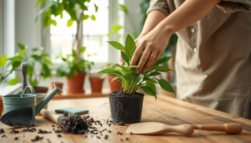 A serene indoor setting featuring a person in modest casual clothing gently repotting a vibrant green potted plant. The foreground shows the hands carefully handling the plant's roots with delicate precision, surrounded by soil and a larger, decorative flower pot. In the middle ground, a wooden table is adorned with various gardening tools—repotting spade, a small watering can, and a terracotta pot, emphasizing the theme of repotting. The background includes a softly lit window with natural light streaming in, illuminating the lush greenery of nearby houseplants. The atmosphere is calm and nurturing, highlighting the care involved in repotting without causing root damage or rot. The scene captures the essence of indoor gardening, inviting tranquility and connection with nature.