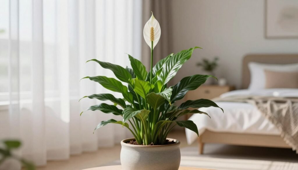 A serene indoor setting featuring a stunning peace lily in full bloom, with lush green leaves and elegant white blossoms. In the foreground, the peace lily stands in a stylish ceramic pot, showcasing its vibrant foliage. The middle ground includes softly diffused natural light filtering through sheer curtains, casting gentle shadows around the plant. In the background, a pleasantly decorated bedroom is visible, featuring minimalist decor and calming pastel colors, enhancing the tranquil atmosphere. The composition is captured from a slightly elevated angle, emphasizing the beauty of the peace lily while creating a cozy, elegant vibe, perfect for a peaceful bedroom retreat. The overall mood is serene and inviting, reflecting floral elegance.