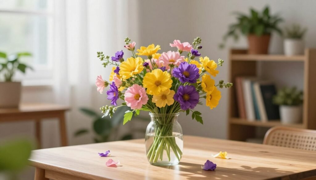 A serene indoor setting illuminated by soft, indirect light filtering through sheer curtains, creating a gentle glow. In the foreground, a vibrant arrangement of flowers in shades of bright yellow, soft pink, and vivid purple sits elegantly in a clear glass vase. The flowers are fresh and meticulously arranged, showcasing their colors against a light wooden table. In the middle ground, subtle green leaves provide contrast and richness, while a few delicate petals are scattered artistically around the vase. The background features a softly blurred bookshelf lined with potted plants and decorative items, enhancing the vibrant atmosphere. The overall mood is warm and inviting, ideal for bright indoor spaces that showcase beautiful blooms.
