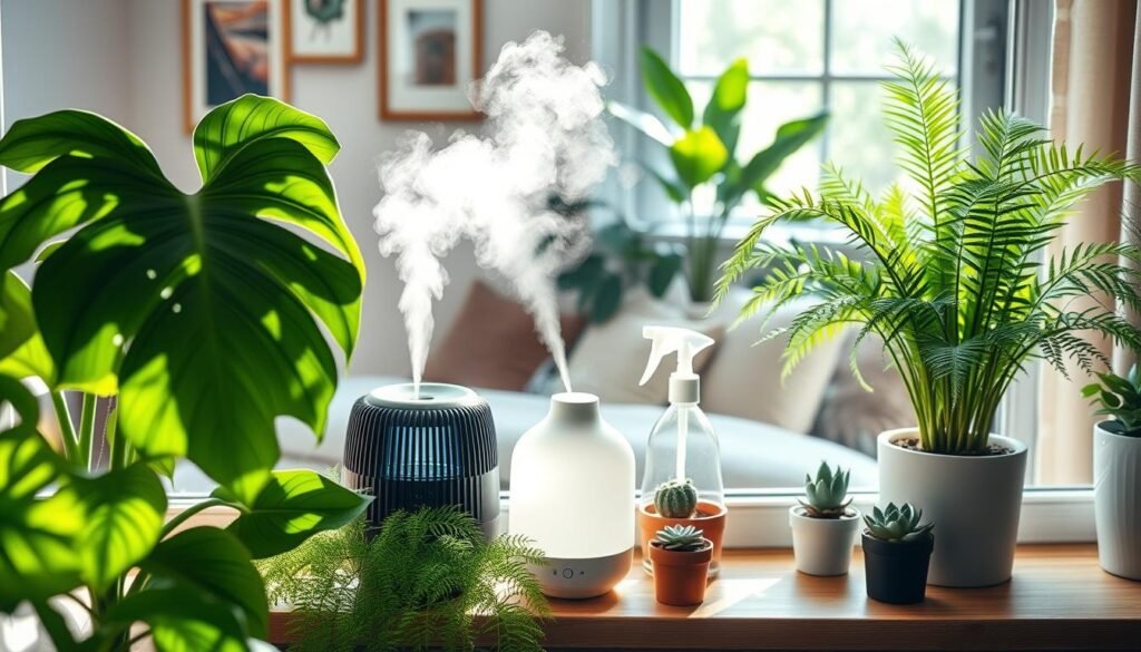 A serene indoor setting showcasing a variety of lush, green plants artfully arranged on a wooden windowsill, implying increased humidity. In the foreground, a vibrant monstera and delicate ferns display droplets of water on their leaves, illuminated by soft, natural light streaming in from a large window. In the middle ground, a stylish humidifier emits a gentle mist surrounded by smaller potted succulents and an elegant spray bottle for misting plants. The background features a cozy wall adorned with artwork and soft fabrics, enhancing the inviting atmosphere. The scene captures a harmonious balance of nature and home care, evoking a sense of tranquility and nurturing, perfect for adding humidity to indoor plant life.