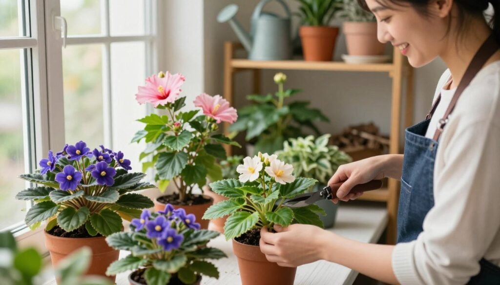 A serene indoor setting showcasing a vibrant array of reblooming houseplants. In the foreground, a close-up of a cheerful gardener gently pruning a flowering plant, clad in modest, casual attire. The middle ground features several plant varieties, such as African violets and hibiscus, each beautifully displaying new blossoms, strategically placed on a sunny windowsill. In the background, a well-organized shelf filled with gardening supplies, including watering cans and potting soil, is softly illuminated by warm, natural light, creating a peaceful atmosphere. The overall mood is one of rejuvenation and care, inviting the viewer to feel inspired to restart their indoor gardening routines with hope and enthusiasm.