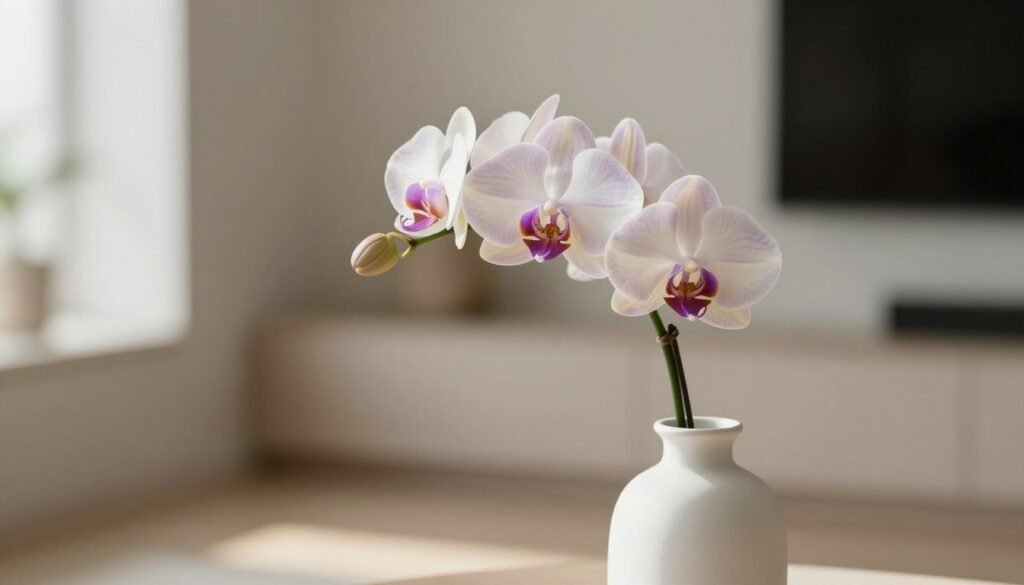 A solitary stem orchid stands elegantly against a soft, blurred background, embodying minimalist beauty. The orchid features delicate petals in shades of creamy white with subtle lavender undertones, showcasing intricate textures and a hint of dew. In the foreground, a smooth, minimalist vase in matte white cradles the stem gracefully, adding to the serene ambiance. The warm, natural light filters softly from the left, casting gentle shadows that emphasize the orchid's elegant form and highlighting the vibrant colors. A clean, modern space is suggested in the middle ground with muted tones, ensuring the focus remains on the orchid. The overall mood is tranquil and sophisticated, evoking a sense of calm and simplicity, perfect for an indoor flower display.