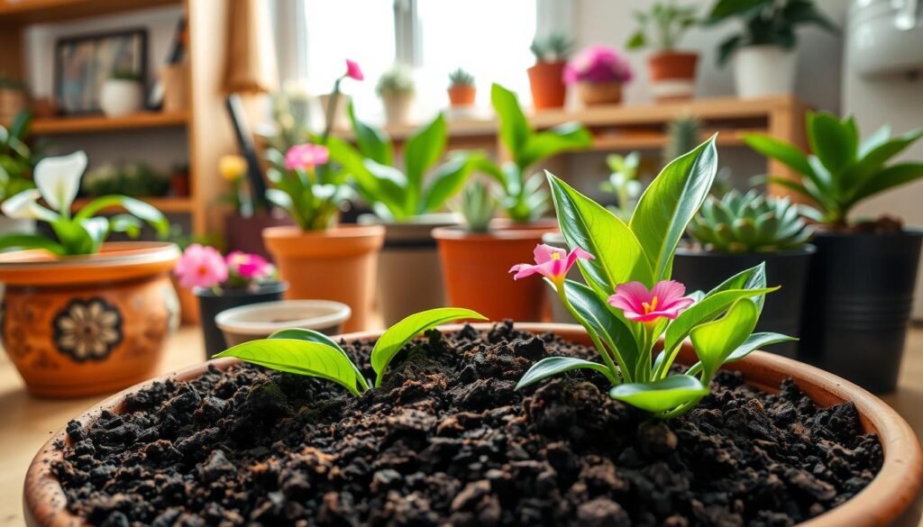 A variety of high-quality potting soils and indoor flowers displayed in a beautifully arranged indoor setting. In the foreground, a close-up of rich, dark potting soil in a decorative terracotta pot, with vibrant green leaves and colorful blooms emerging from the soil. In the middle ground, additional pots with different flowers, such as peace lilies and succulents, showcasing thriving plants. The background features soft, natural light streaming through a window, highlighting a cozy indoor space with wooden shelves adorned with gardening tools and small potted plants. The atmosphere is warm and inviting, conveying a sense of tranquility and care for indoor gardening. The scene should focus on the textures of the soil and the lush foliage, capturing the essence of easy indoor plant care.
