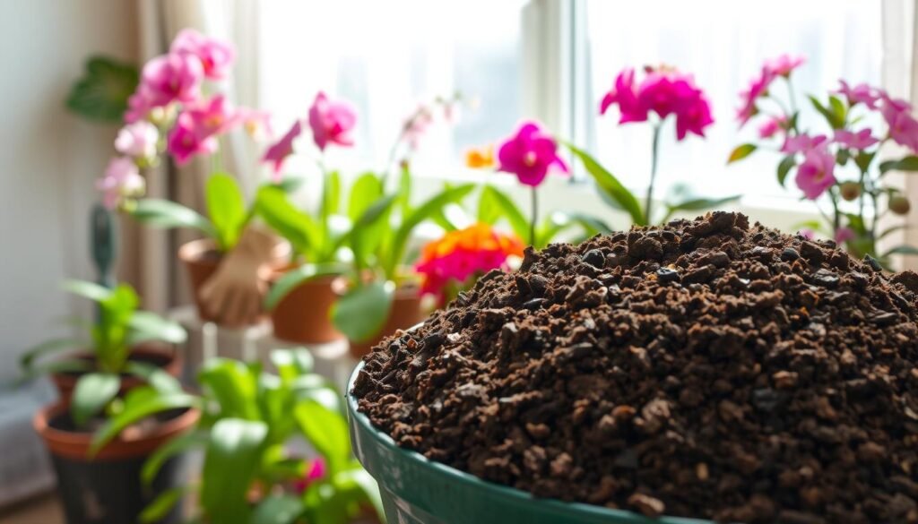 A vibrant and inviting scene showcasing a tailored soil mix for flowering houseplants. In the foreground, a large pot filled with rich, well-layered soil — dark, earthy tones mixed with lighter organic components like perlite and coconut coir, creating a visually appealing texture. In the middle, a variety of flowering houseplants, such as bright orchids and colorful geraniums, thriving in their pots, surrounded by gardening tools like a trowel and gloves. In the background, a sunlit window with sheer curtains casts soft, natural light over the scene, enhancing the lush greenery. The atmosphere is lively and nurturing, evoking a sense of care and meticulousness in plant care, reflecting a harmonious blend of nature and cultivation. A vibrant and inviting scene showcasing a tailored soil mix for flowering houseplants. In the foreground, a large pot filled with rich, well-layered soil — dark, earthy tones mixed with lighter organic components like perlite and coconut coir, creating a visually appealing texture. In the middle, a variety of flowering houseplants, such as bright orchids and colorful geraniums, thriving in their pots, surrounded by gardening tools like a trowel and gloves. In the background, a sunlit window with sheer curtains casts soft, natural light over the scene, enhancing the lush greenery. The atmosphere is lively and nurturing, evoking a sense of care and meticulousness in plant care, reflecting a harmonious blend of nature and cultivation.