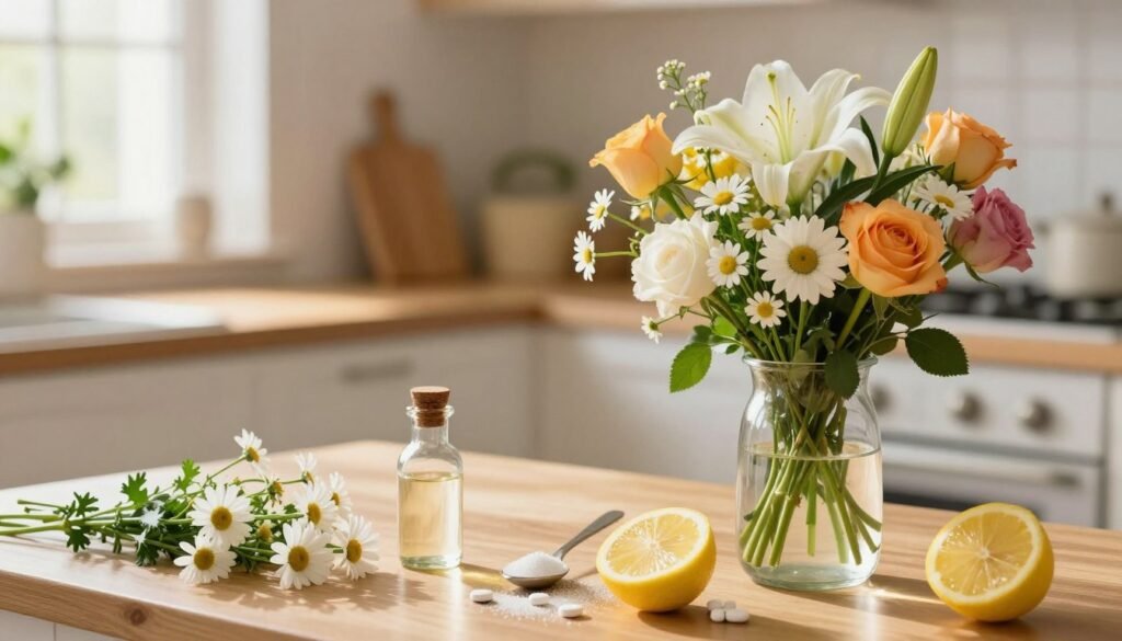 A vibrant arrangement of assorted flowers displaying unique, creative household remedies aimed at prolonging their freshness, such as a small bottle of vinegar and a spoon of sugar creatively placed beside a bouquet. In the foreground, fresh daisies, roses, and lilies burst with color, delicately arranged in a clear glass vase filled with water. In the middle ground, ingredients like lemon slices and aspirin tablets artfully scattered, hinting at natural solutions for longevity. The background softly fades into a warm, sunlit kitchen setting with wooden countertops and gentle sunlight filtering through a window, creating a serene and inviting atmosphere. Use soft focus to emphasize the flowers and remedies while maintaining a cozy, inspiring mood. Aim for warm lighting that enhances the colors of the flowers, conveying freshness and vitality.