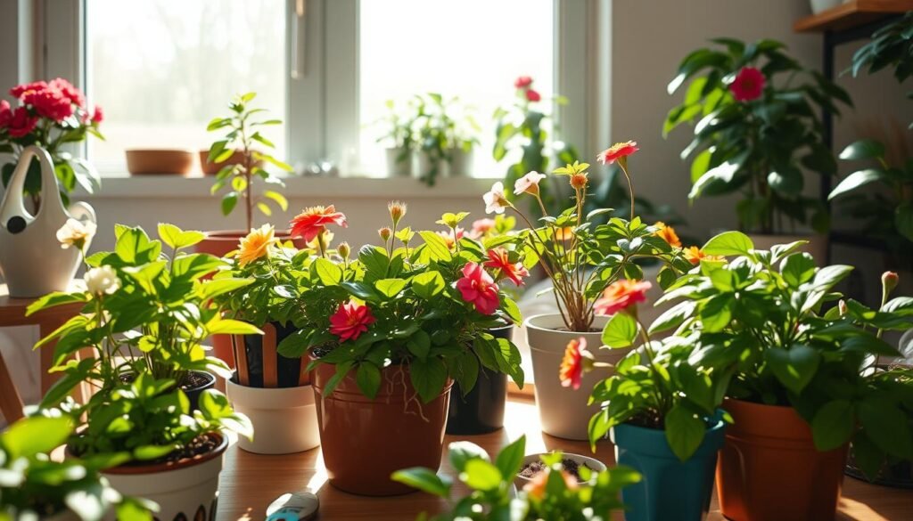 A vibrant indoor garden scene depicting the growing season for flowers. In the foreground, focus on several types of flourishing indoor plants in decorative pots, with lush green leaves and colorful blooms at different stages of development, showcasing the vitality of growth. The middle layer features sunlight streaming through a large window, illuminating the plants and casting gentle shadows, creating a warm and inviting atmosphere. In the background, subtle hints of gardening tools like small shears and fertilizer can be seen on a wooden table, suggesting care and maintenance. The composition should have a bright and cheerful feel, with soft, natural lighting to evoke a sense of nurturing and encouragement for indoor gardening.