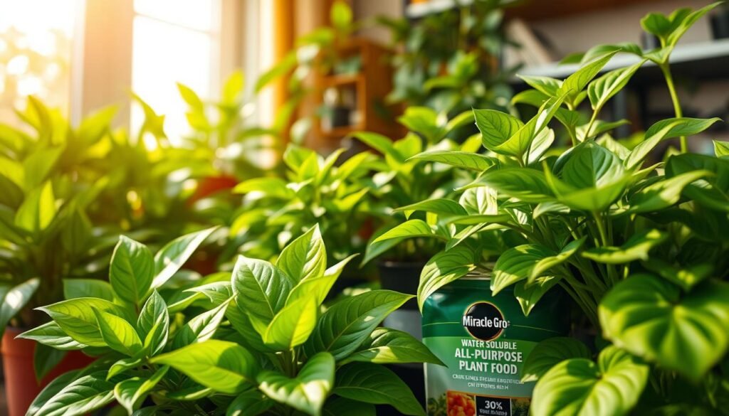A vibrant indoor scene showcasing lush green foliage, specifically nitrogen-rich plants, bursting with life. In the foreground, a cluster of flourishing houseplants with broad, leafy greens - some with shiny, dark leaves and others with lighter, variegated patterns. The middle ground features a well-organized potting area, complete with Miracle-Gro Water Soluble All-Purpose Plant Food packaging, subtly hinting at its role in promoting growth. The background is softly blurred, with warm sunlight filtering through a window, casting gentle shadows and creating an inviting atmosphere. The composition is shot at a low angle to emphasize the plants’ height and vitality, evoking feelings of freshness, growth, and care. Ideal for illustrating plant care and nourishment.