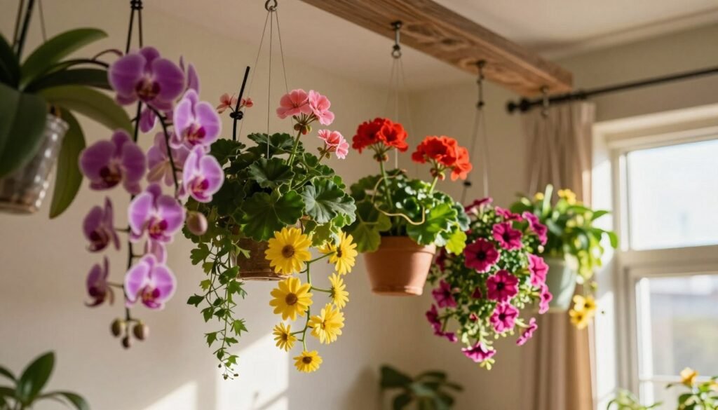A vibrant indoor setting featuring an array of colorful flowering plants suspended from an elegant ceiling fixture. In the foreground, show cascading orchids in hues of purple and pink alongside cheerful yellow daisies. The middle area highlights a variety of lush green foliage interspersed with brightly bloomed geraniums and vibrant petunias. The background displays a softly blurred room, painted in warm neutrals, which enhances the bright colors of the flowers. Use natural daylight streaming through a nearby window to create a warm, inviting atmosphere, with soft shadows adding depth. Capture the scene with a slightly angled lens to emphasize the verticality of the hanging flowers while maintaining a sense of warmth and serenity throughout the image.
