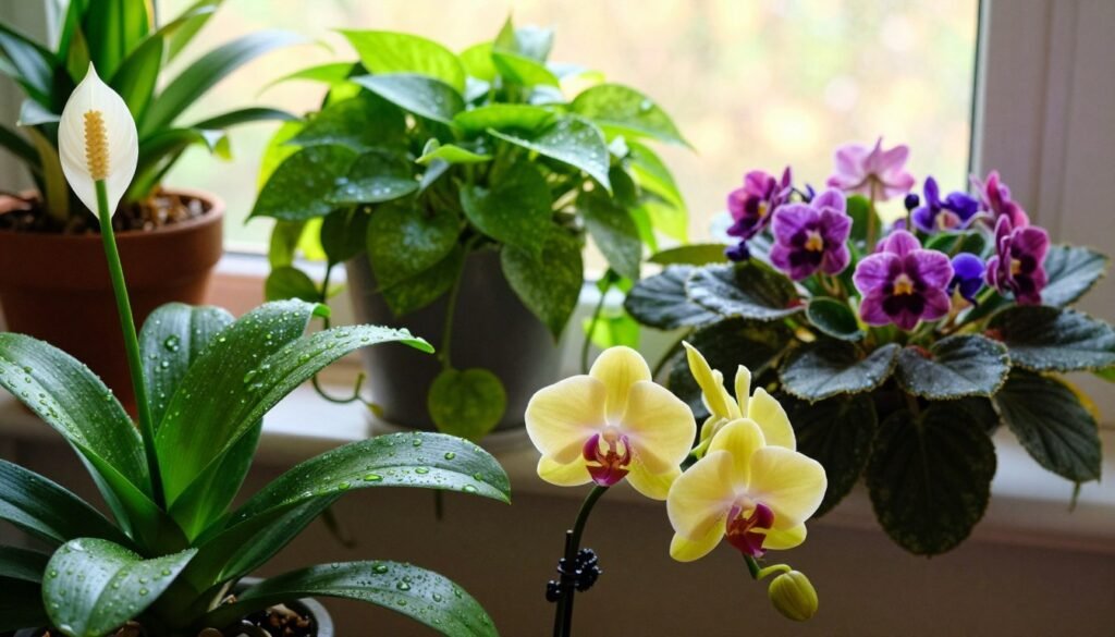 A vibrant scene showcasing a variety of indoor flowering plants, each in different stages of rebloom. In the foreground, a bright, healthy orchid is in full bloom, surrounded by delicate buds of a peace lily, glistening with fresh droplets of water. The middle layer features a lush green pothos trailing elegantly from its pot, while a cluster of colorful African violets adds a pop of color. In the background, a softly blurred window lets in warm, natural sunlight, enhancing the rich textures and colors of the foliage. The atmosphere is serene and rejuvenating, suggesting growth and renewal. Soft shadowing and a shallow depth of field emphasize the rich details and vibrant hues of the plants, creating a tranquil indoor garden setting.