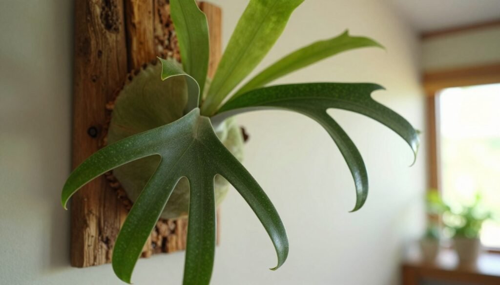 A vibrant staghorn fern gracefully mounted on a piece of rustic wood, displaying its unique fronds. The foreground features the lush, green leaves of the fern, with intricate textures and patterns highlighted. In the middle, the wooden mount is organically shaped, its rough surface contrasting beautifully with the smooth, glossy leaves of the fern. The background softly transitions into a blurred indoor space, subtly hinting at a cozy, well-lit room with warm, natural lighting that filters through a nearby window. The mood is calm and inviting, emphasizing the beauty of nature indoors. Shot using a macro lens to capture details, with a slight depth of field to focus on the fern while softening the background. No text or overlays present.