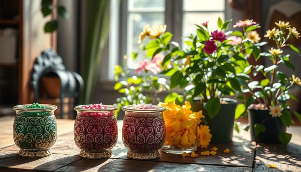 A vibrant still life composition showcasing the essential nutrients nitrogen, phosphorus, and potassium in an artistic arrangement. In the foreground, three ornate glass containers filled with colorful granules representing each nutrient—green for nitrogen, pink for phosphorus, and yellow for potassium—are placed on a rustic wooden table. In the middle ground, lush indoor flower plants thrive, displaying healthy green leaves and blooming flowers, symbolizing the benefits of proper feeding. The background features soft, natural light streaming through a window, highlighting the plants and creating gentle shadows that enhance the mood of a serene indoor garden. The overall atmosphere is educational and inviting, evoking a sense of nurturing care for indoor flora.