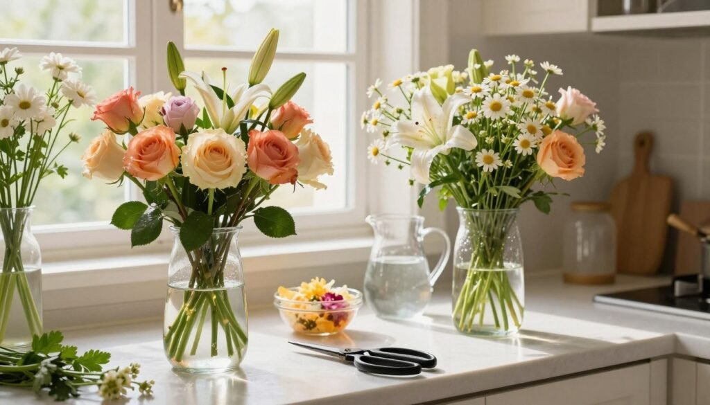 A vibrant, well-lit kitchen countertop adorned with a variety of fresh flowers in different stages of bloom. In the foreground, a clear glass vase filled with water showcases roses, lilies, and daisies, their petals glistening with droplets of water. A pair of gardening scissors rests beside the vase, suggesting recent care. In the middle ground, a small bowl of flower food and a pitcher of fresh water provide visible elements of flower maintenance. The background features a sunlit window with sheer curtains, allowing gentle, diffused natural light to bathe the scene, creating a warm and inviting atmosphere. The mood is refreshing and peaceful, emphasizing the joy and beauty of keeping flowers fresh indoors.
