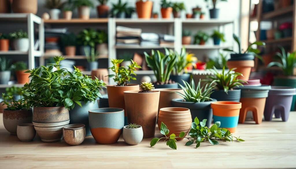 A visually engaging display of various indoor plant materials set on a light wooden surface. In the foreground, showcase a collection of ceramic pots in different shapes, colors, and sizes, featuring lush green indoor flowers. In the middle, include clay planters with textured surfaces, along with a few sleek metal containers that reflect the natural light, and vibrant plastic pots in playful colors. In the background, softly blurred shelves filled with various materials for indoor gardening, creating a warm and inviting atmosphere. The lighting is soft and diffused, imitating late afternoon sunlight, enhancing the earthy tones and textures of the materials. The focus should be on the diversity of these materials, conveying their suitability for nurturing indoor plants.