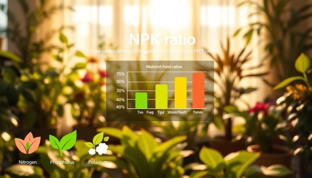 A visually engaging infographic illustrating the NPK ratio, focusing on the essential plant nutrients—Nitrogen, Phosphorus, and Potassium. In the foreground, showcase three colorful plant icon graphics, each depicting the corresponding nutrient: a leafy green for Nitrogen, blooming flowers for Phosphorus, and strong root systems for Potassium. In the middle layer, include a sleek digital chart comparing nutrient percentages in various houseplant fertilizers, represented with bold colors. The background should feature a soft-focus image of an indoor garden, bathed in warm sunlight filtering through sheer curtains, creating a serene and nurturing atmosphere. The overall composition should evoke a sense of growth and vitality, emphasizing the importance of understanding plant nutrients. Ensure the lighting is soft and inviting, with a lens angle that draws the viewer into the lush environment.