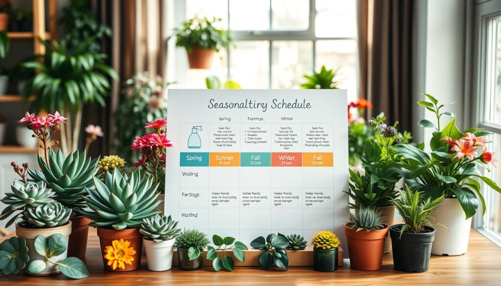 A visually engaging seasonal watering schedule for indoor plants, displayed on a wooden table. In the foreground, vibrant potted plants such as succulents, ferns, and flowering species, each labeled with their seasonal watering needs. The middle layer features a neatly organized, illustrated chart showing Spring, Summer, Fall, and Winter sections with corresponding fertilizer suggestions in soft colors. In the background, natural light filters through a window, illuminating the scene and casting gentle shadows, creating a warm and inviting atmosphere. The setting evokes a sense of care and nurturing, appealing to plant enthusiasts. The image must remain clean, without any text, overlays, or watermarks, focusing solely on the beautiful arrangement of plants and the seasonal schedule presentation.