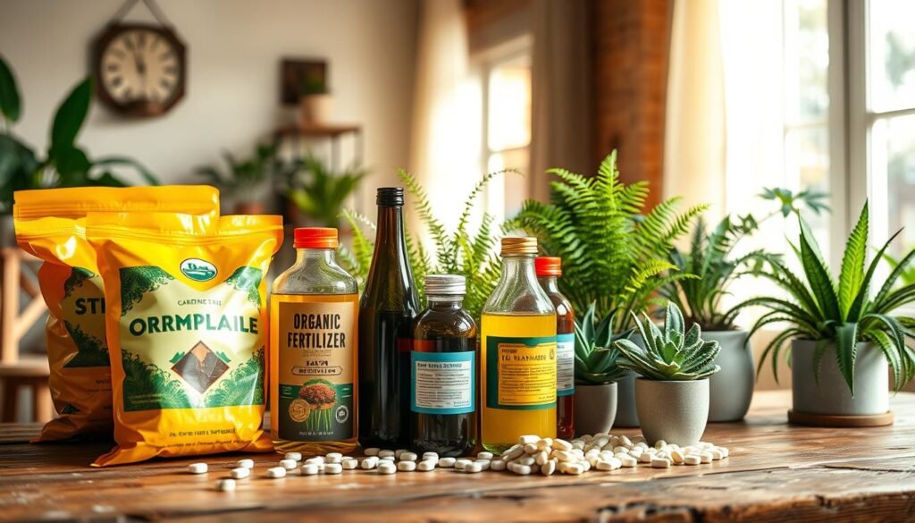 A vivid display of various types of fertilizers suitable for houseplants, arranged artistically on a rustic wooden table. In the foreground, bright, colorful bags of organic soil, liquid fertilizers in glass bottles, and tablets are featured prominently, showcasing their labels. The middle ground includes potted houseplants like ferns and succulents, thriving and lush, indicating the positive effects of the fertilizers. The background features a warm, sunlit window with soft curtains, casting gentle light that highlights the textures and colors of the plants and fertilizers. The atmosphere is inviting and nurturing, suggesting a home filled with life and care. Use soft, diffused lighting to create a warm ambiance, captured with a shallow depth of field to emphasize the foreground elements while subtly blurring the background.